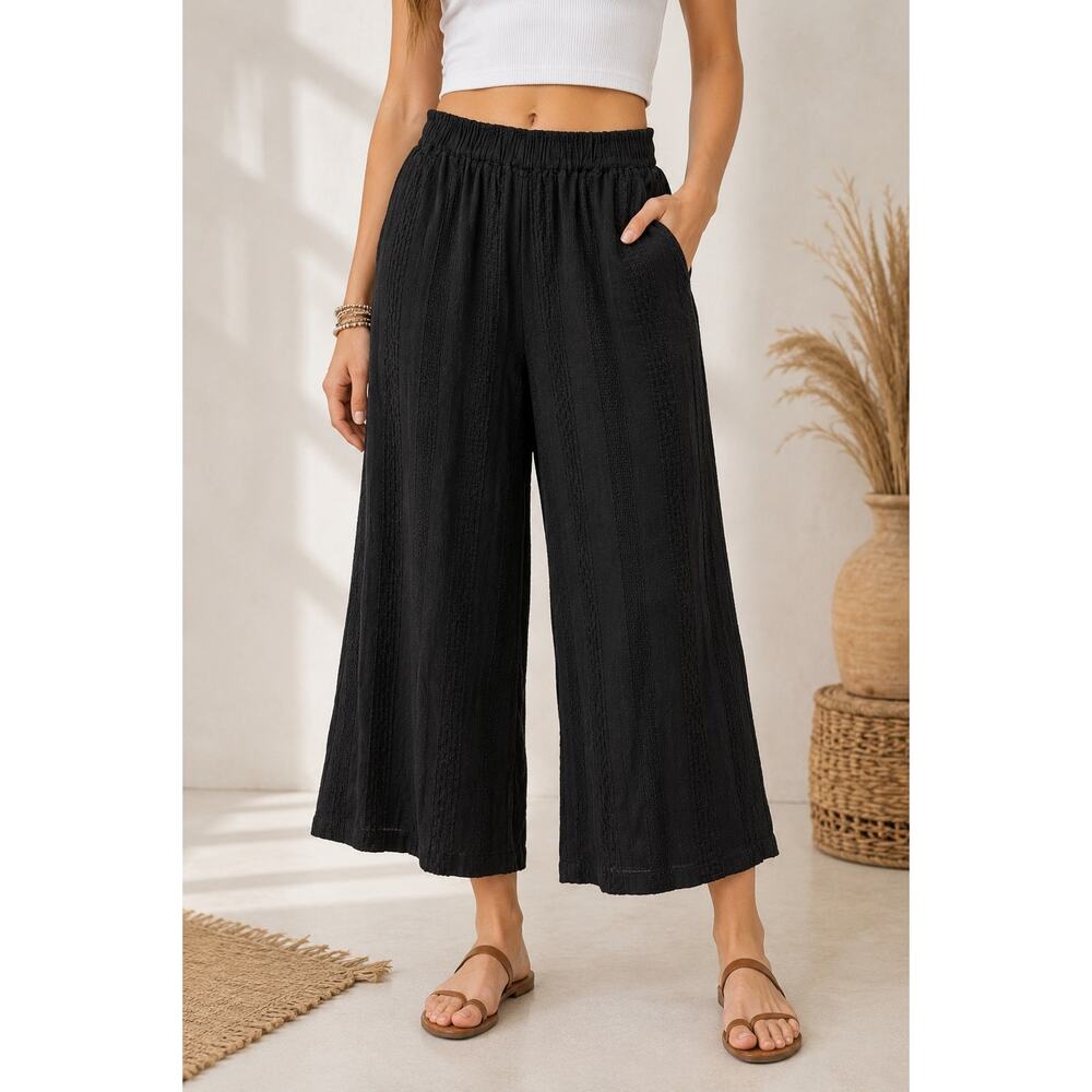 Free People Black Textured Wide Leg Crop Pants Small Petite Cotton Boho Culottes